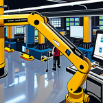 **

A vibrant, detailed illustration of a modern factory floor. Show robots working in harmony alongside human technicians. Highlight a central control panel with a PLC screen displaying complex ladder logic. Subtle emphasis on safety elements adhering to NR-10 and NR-12 standards. The overall scene should convey efficiency, precision, and the integration of human expertise with automation.

**