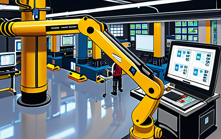 **
A vibrant, detailed illustration of a modern factory floor. Show robots working in harmony alongside human technicians. Highlight a central control panel with a PLC screen displaying complex ladder logic. Subtle emphasis on safety elements adhering to NR-10 and NR-12 standards. The overall scene should convey efficiency, precision, and the integration of human expertise with automation.
**