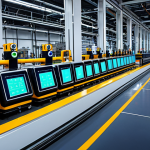 **

A modern factory floor with smart sensors glowing, displaying real-time data overlays on industrial machinery. The scene highlights energy efficiency, featuring high-efficiency motors and frequency inverters. Emphasize a clean, futuristic aesthetic, showcasing the optimization of energy consumption in a sustainable manufacturing environment.

**