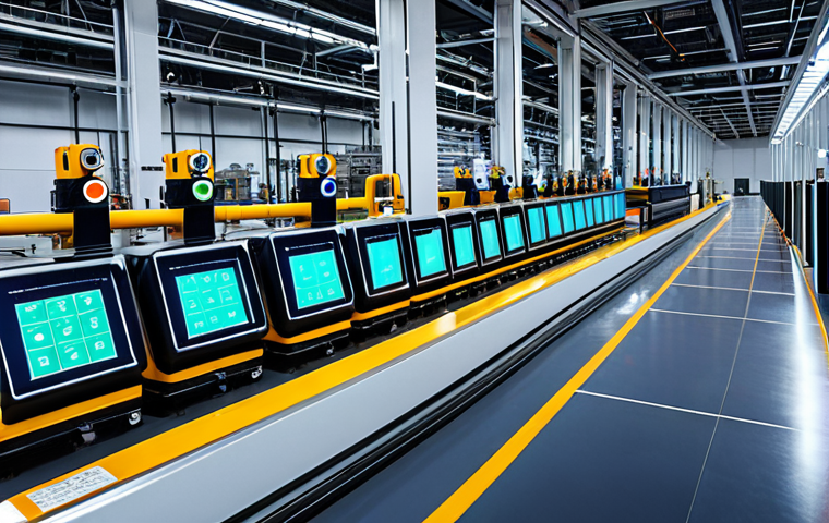 **
A modern factory floor with smart sensors glowing, displaying real-time data overlays on industrial machinery. The scene highlights energy efficiency, featuring high-efficiency motors and frequency inverters. Emphasize a clean, futuristic aesthetic, showcasing the optimization of energy consumption in a sustainable manufacturing environment.
**