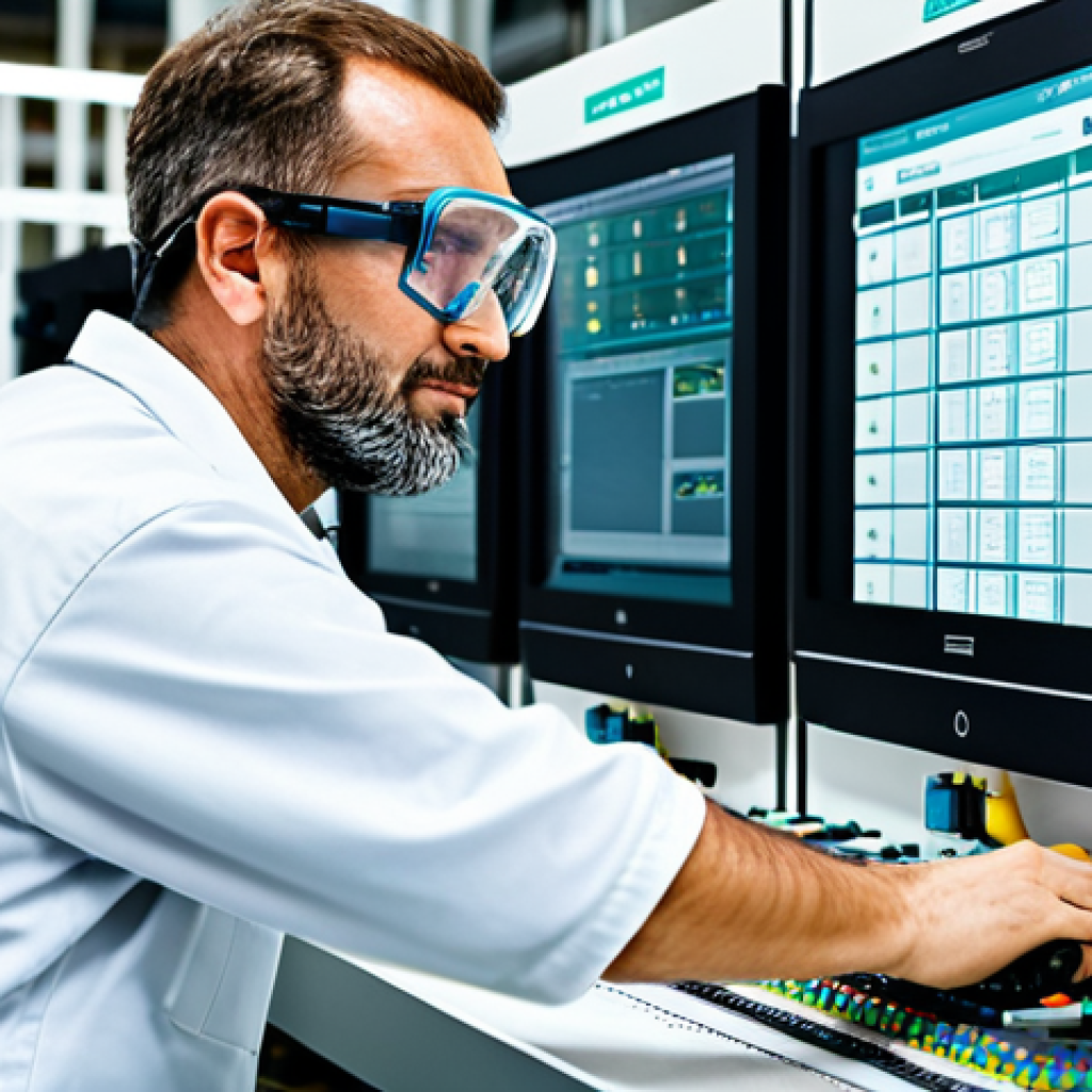 **
A fully clothed, professional industrial automation technician in a clean, modern factory setting, working on a Siemens PLC panel. The technician is wearing safety glasses and appropriate work attire. The focus is on the equipment and the technician's hands. Safe for work, appropriate content, professional, family-friendly, perfect anatomy, correct proportions, natural pose.
**