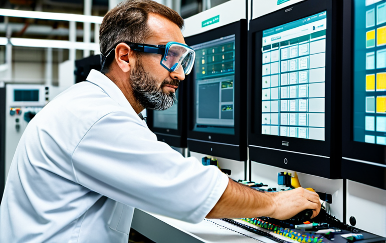 **
A fully clothed, professional industrial automation technician in a clean, modern factory setting, working on a Siemens PLC panel. The technician is wearing safety glasses and appropriate work attire. The focus is on the equipment and the technician's hands. Safe for work, appropriate content, professional, family-friendly, perfect anatomy, correct proportions, natural pose.
**