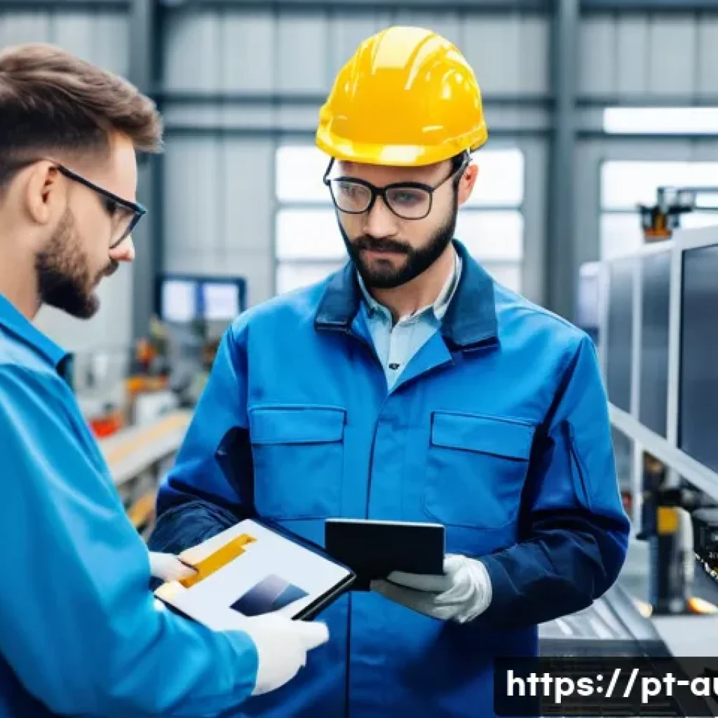 공장자동화 유지보수 팀 조직 - A modern industrial maintenance team working efficiently in a bright, clean factory setting. The tea...