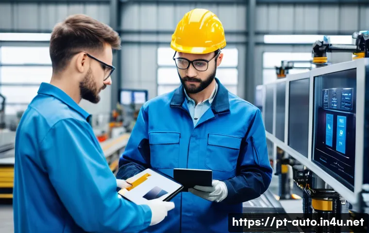 공장자동화 유지보수 팀 조직 - A modern industrial maintenance team working efficiently in a bright, clean factory setting. The tea...