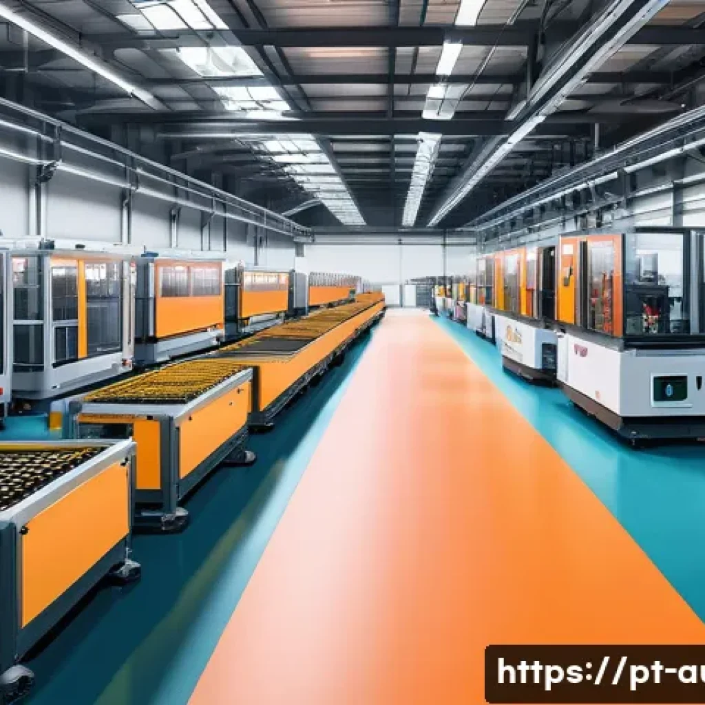 자동화 설비의 배치 최적화 - A highly detailed industrial automation workspace showing a large factory floor with modular equipme...