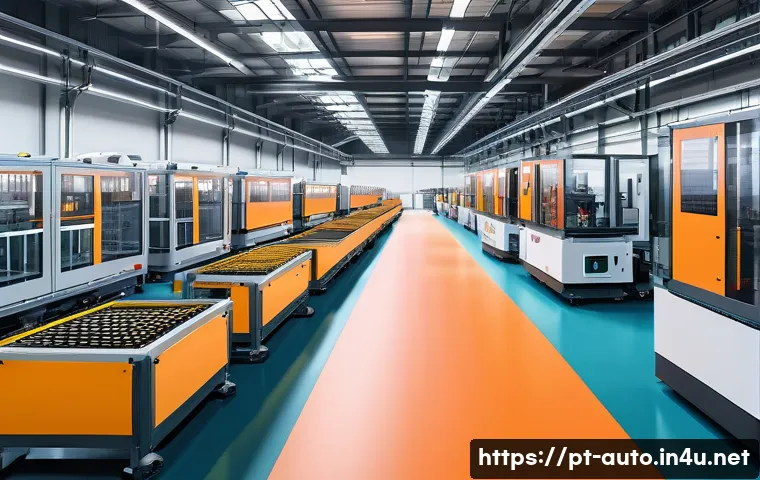 자동화 설비의 배치 최적화 - A highly detailed industrial automation workspace showing a large factory floor with modular equipme...