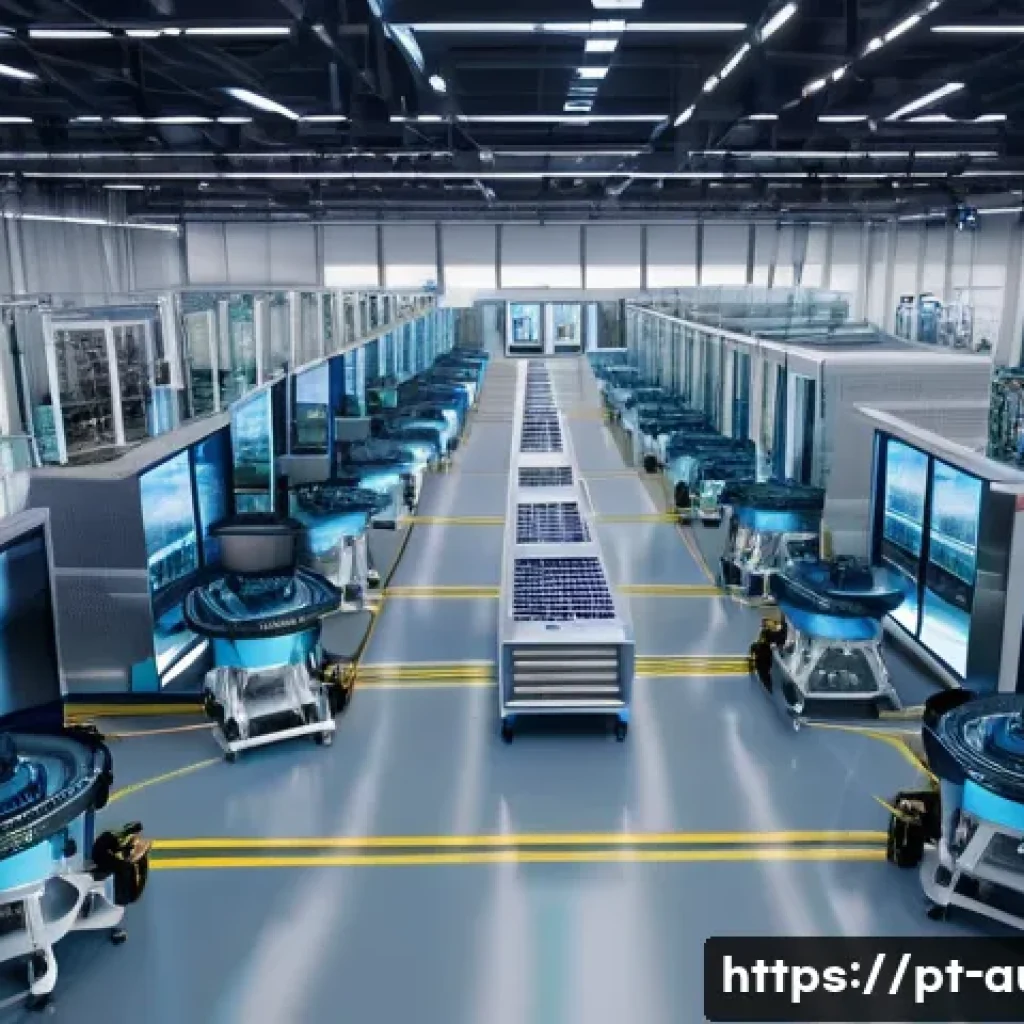 공장자동화 트렌드 및 전망 - A high-tech industrial factory interior showcasing advanced AI-driven automation systems in action, ...