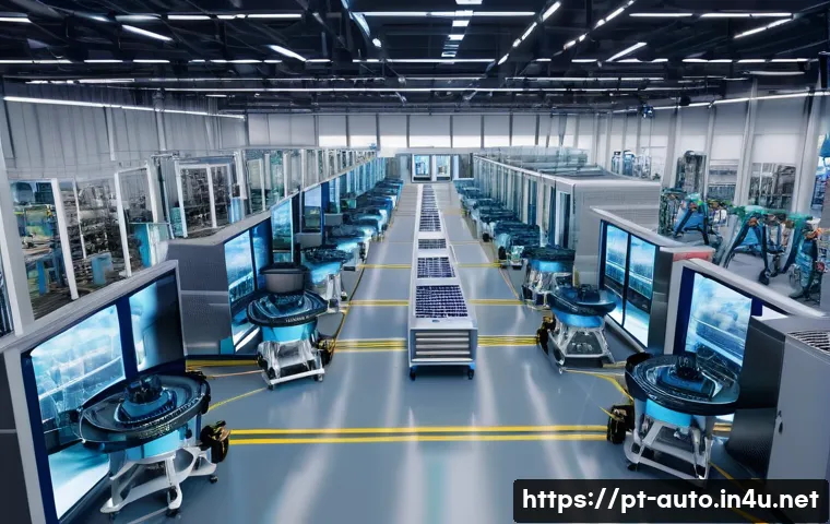 공장자동화 트렌드 및 전망 - A high-tech industrial factory interior showcasing advanced AI-driven automation systems in action, ...