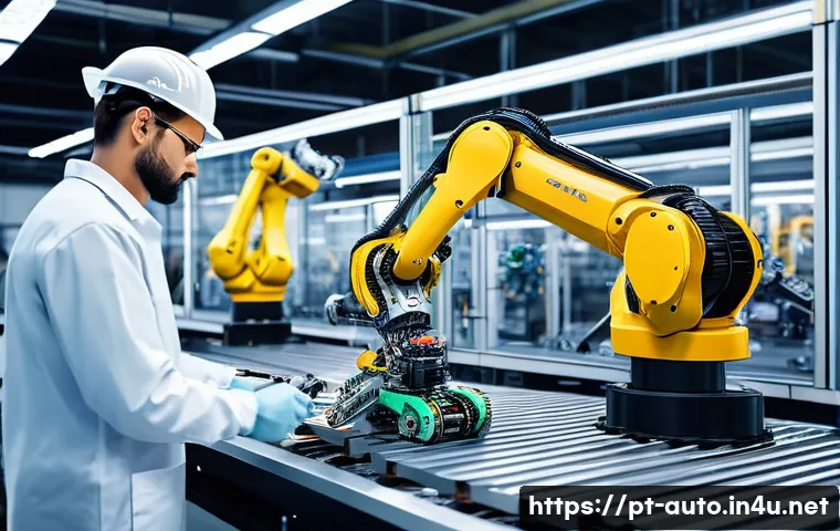 산업용 로봇 활용 분야 - A modern industrial production line featuring advanced robotic arms assembling automotive parts with...