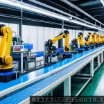 Home 22 스마트 팩토리 구축 비용 절감 - A modern industrial factory interior showcasing a highly automated production line with modular robo...
