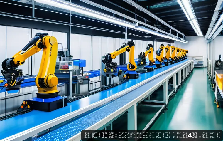 스마트 팩토리 구축 비용 절감 - A modern industrial factory interior showcasing a highly automated production line with modular robo...