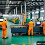 Home 21 공장자동화 프로젝트 계획 수립 - A detailed industrial factory floor scene showcasing a diverse team of Brazilian factory workers wea...