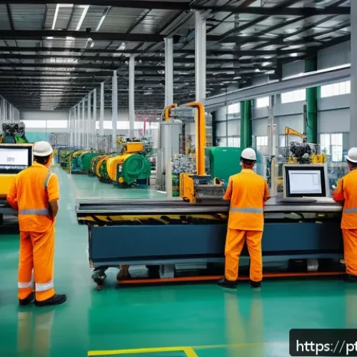 Home 33 공장자동화 프로젝트 계획 수립 - A detailed industrial factory floor scene showcasing a diverse team of Brazilian factory workers wea...