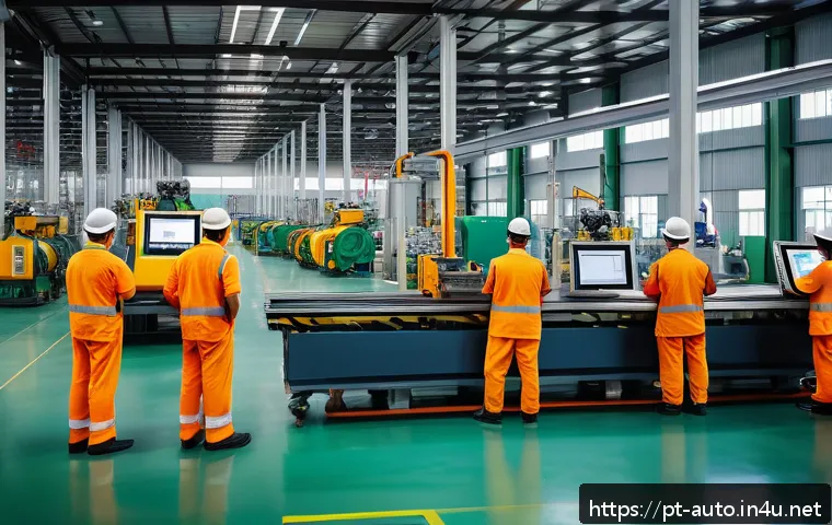 공장자동화 프로젝트 계획 수립 - A detailed industrial factory floor scene showcasing a diverse team of Brazilian factory workers wea...