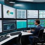 Home 20 PLC 프로그래밍 노하우 - A detailed industrial automation control room scene showing engineers working collaboratively on PLC...
