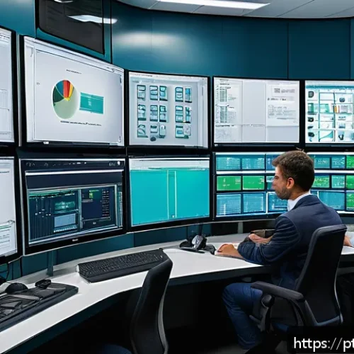 Home 32 PLC 프로그래밍 노하우 - A detailed industrial automation control room scene showing engineers working collaboratively on PLC...