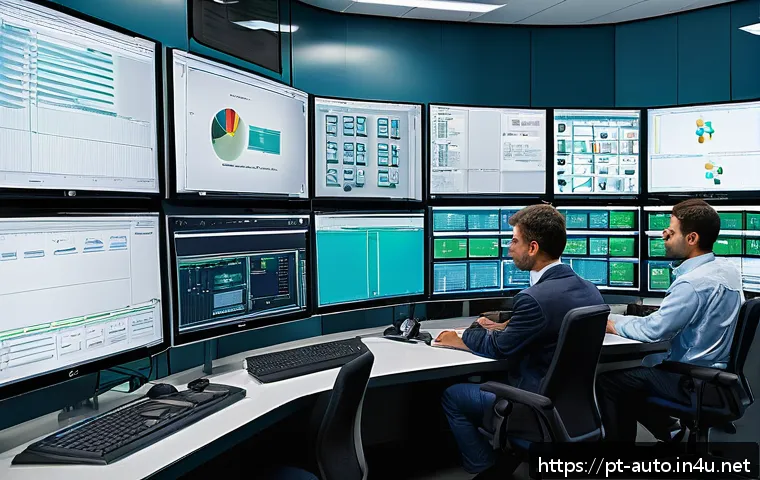 PLC 프로그래밍 노하우 - A detailed industrial automation control room scene showing engineers working collaboratively on PLC...
