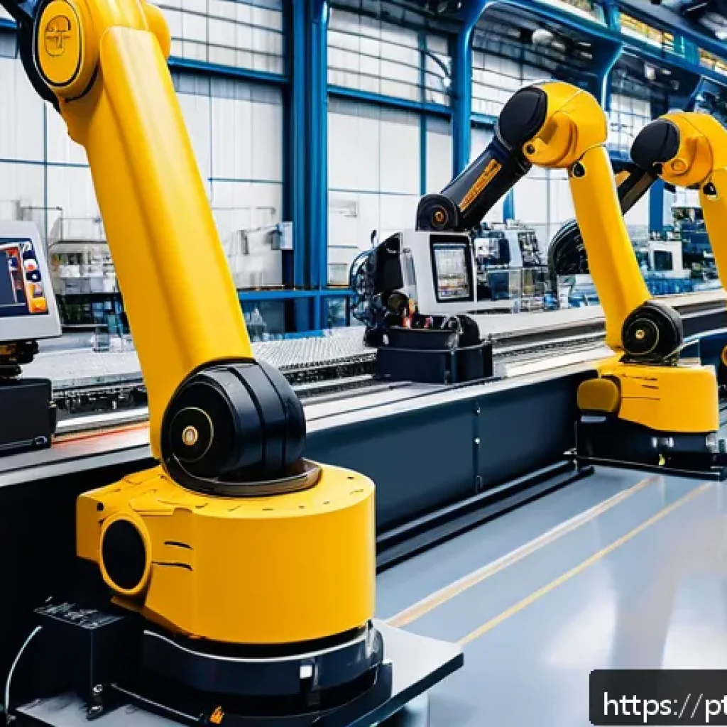 산업용 로봇 유지보수 사례 - A high-tech industrial robot arm inside a modern manufacturing plant, detailed close-up of critical ...