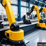 Home 19 산업용 로봇 유지보수 사례 - A high-tech industrial robot arm inside a modern manufacturing plant, detailed close-up of critical ...