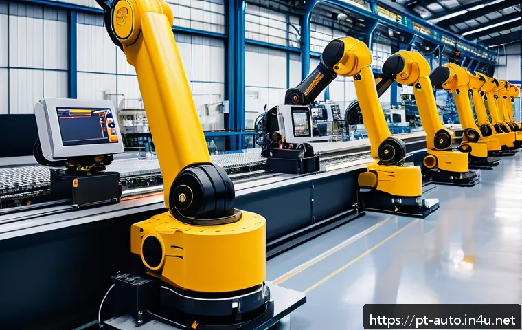 산업용 로봇 유지보수 사례 - A high-tech industrial robot arm inside a modern manufacturing plant, detailed close-up of critical ...