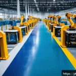 Home 23 공장자동화의 윤리적 고려 - A modern industrial factory floor in Brazil, showcasing advanced automation with robotic arms assemb...