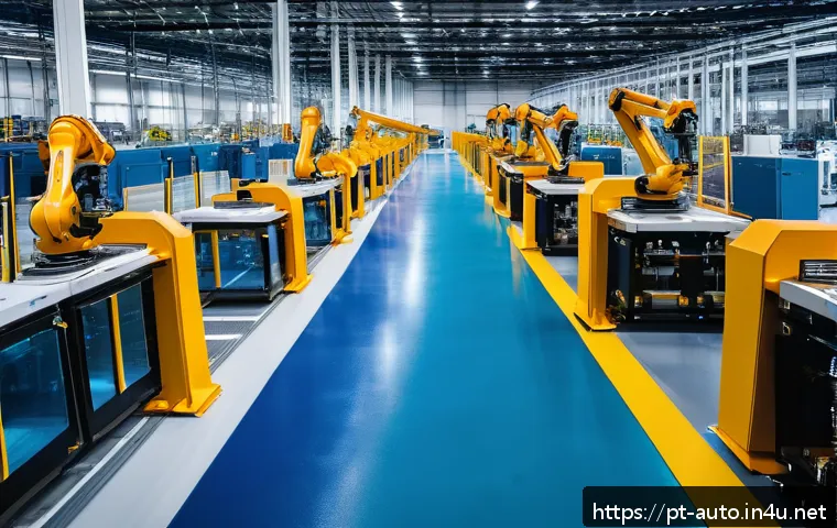공장자동화의 윤리적 고려 - A modern industrial factory floor in Brazil, showcasing advanced automation with robotic arms assemb...