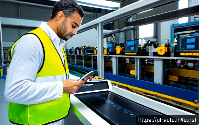 Home 17 공장자동화 엔지니어 이직 준비 - Photorealistic Brazilian industrial automation engineer in clean safety attire reviewing a robotic p...