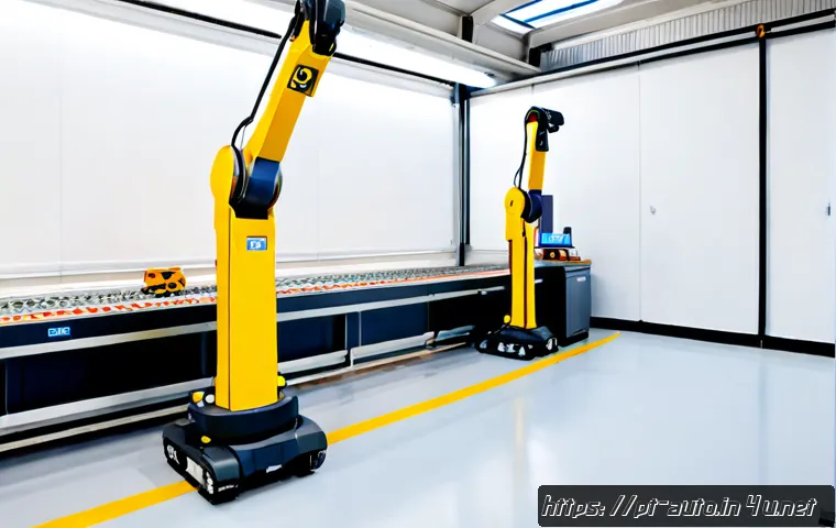 Home 17 공장자동화 설비의 사고 방지 대책 - Photorealistic modern factory automation line in Portugal, wide eye-level composition showing a coll...